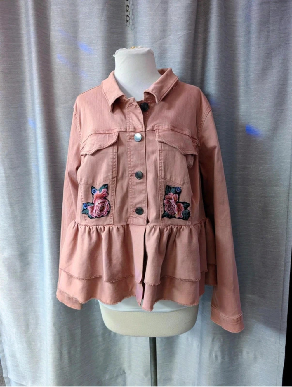 Pink Denim Peplum Butterfly Rose Jacket XXL 20